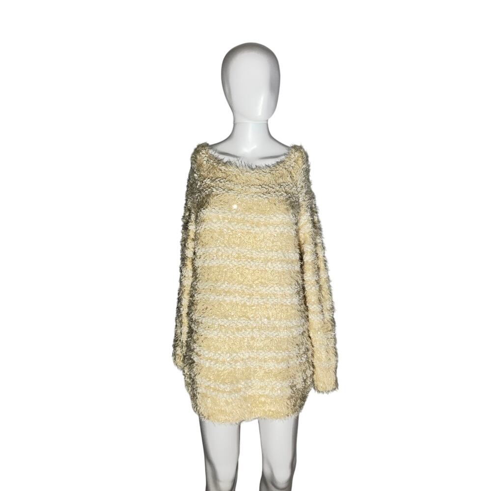 Katsumi L Cream Fuzzy Sequin Striped Knit Sweater